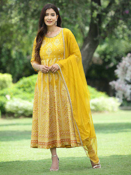 Juniper Women Mustard Santoon Slub Festive Khadi Print Flared Kurta Dupatta Set