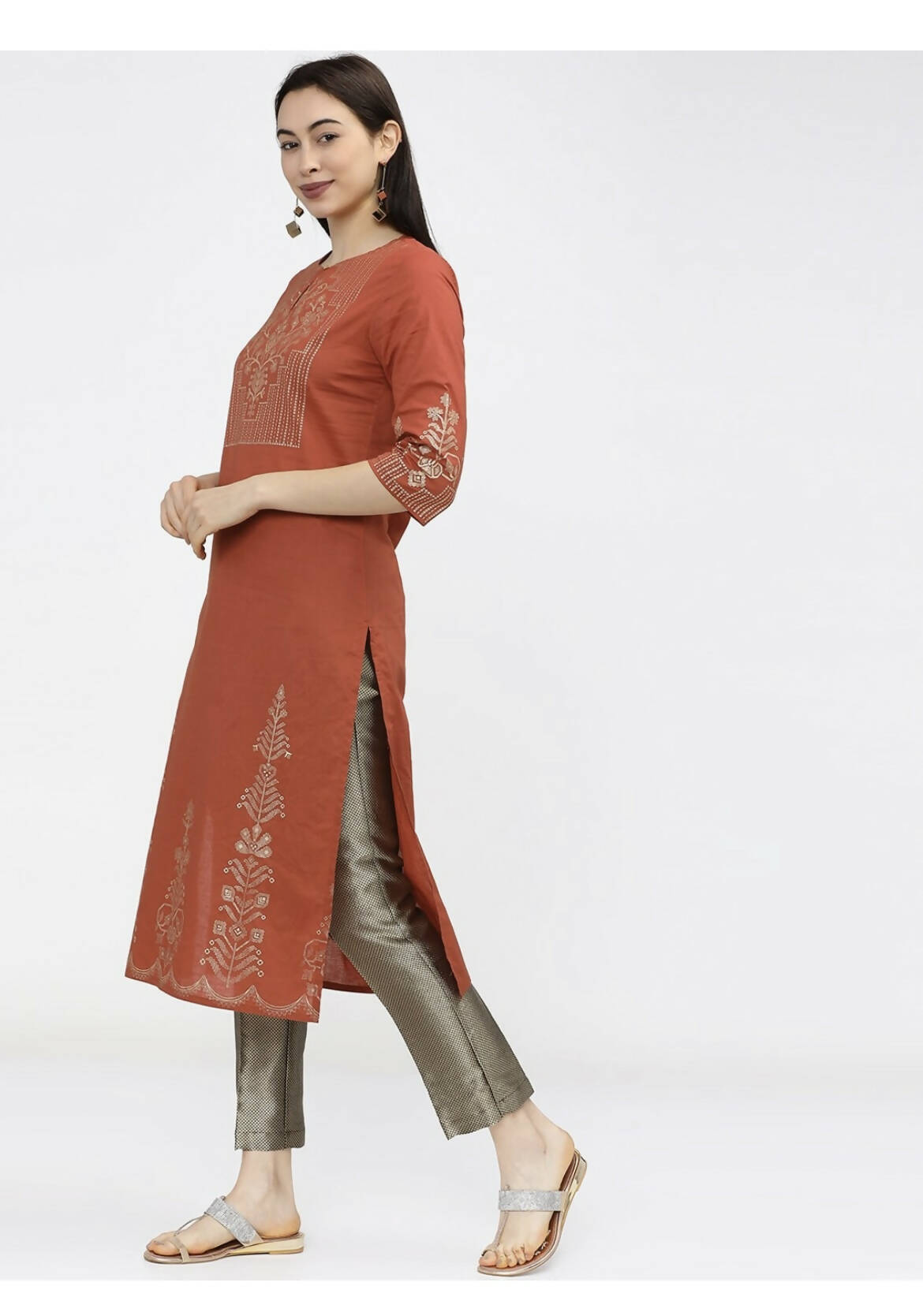 Cheera Embellished Daily Wear Cotton Blend Kurta - Brown