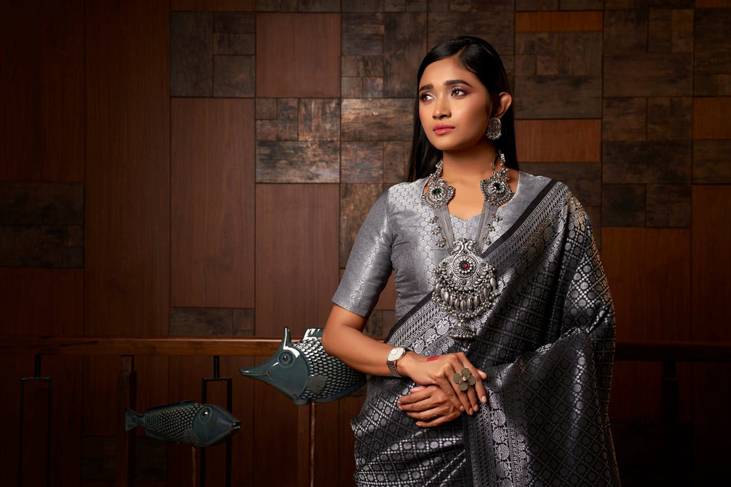 Vardha Platinum Grey Silver Zari Rudrakshas Kanjeevaram Silk Saree