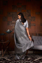 Vardha Platinum Grey Silver Zari Rudrakshas Kanjeevaram Silk Saree