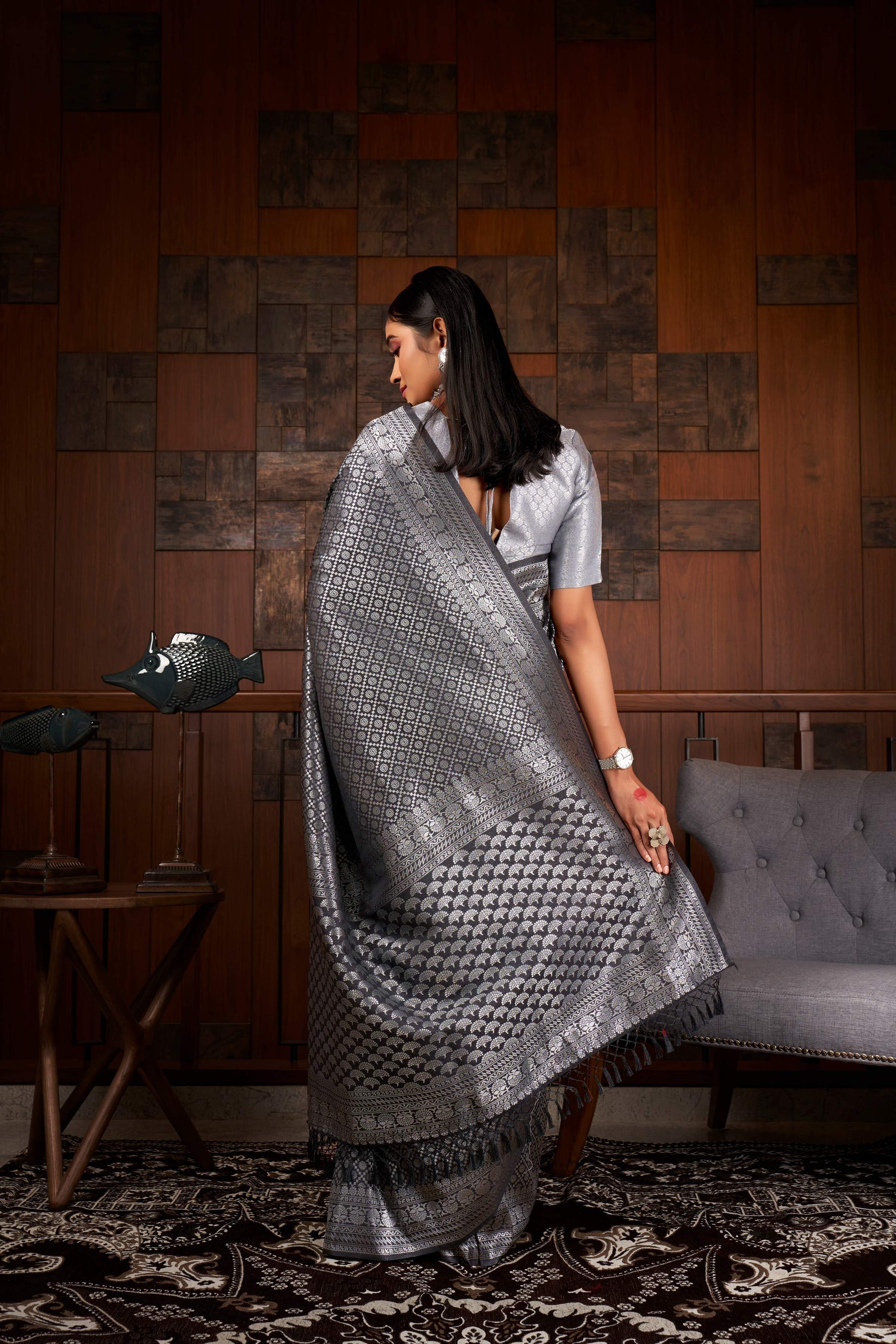 Vardha Platinum Grey Silver Zari Rudrakshas Kanjeevaram Silk Saree