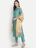 Janasya Green Solid Straight Kurta & Trousers With Dupatta - Distacart