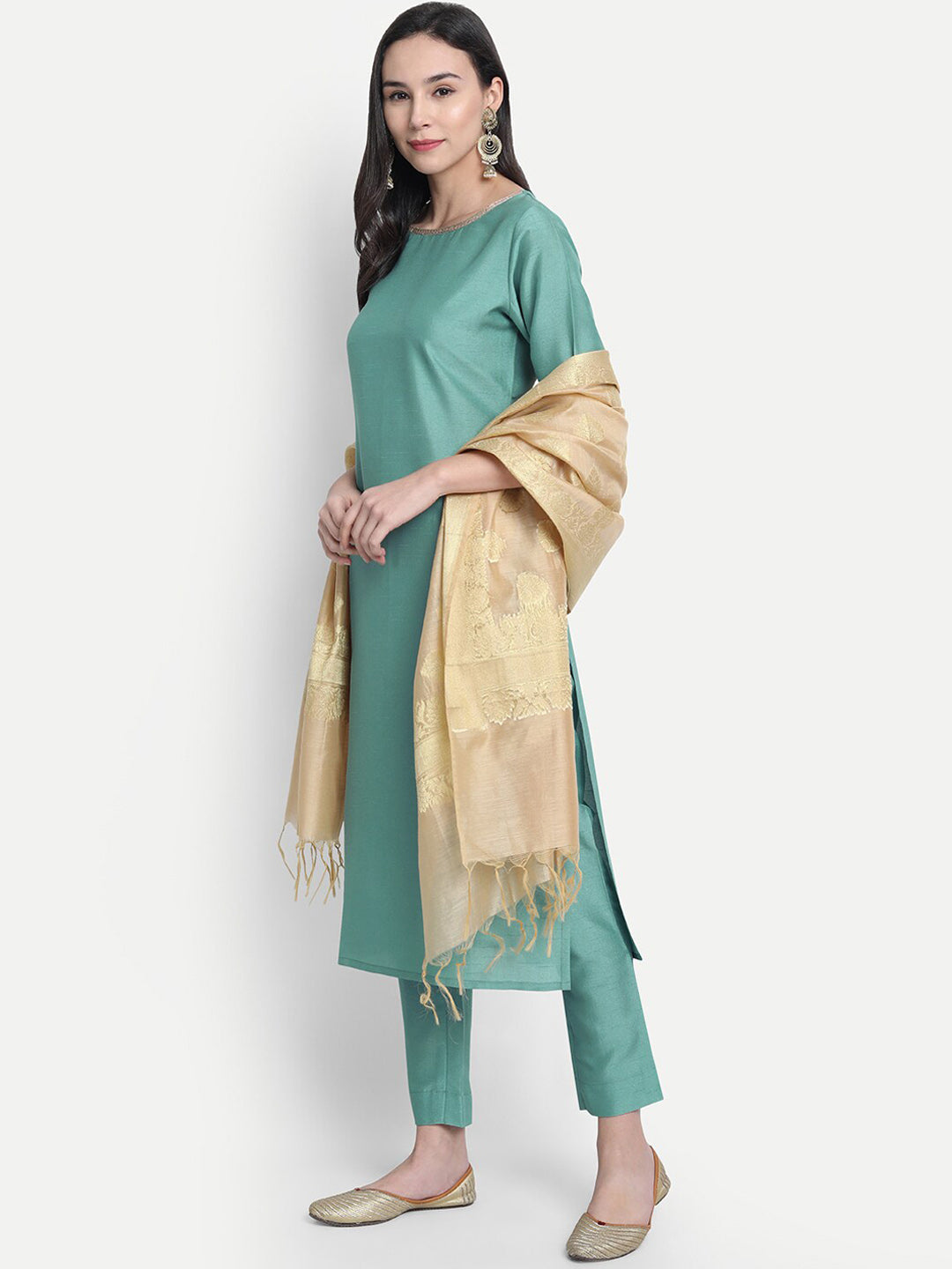 Janasya Green Solid Straight Kurta & Trousers With Dupatta - Distacart