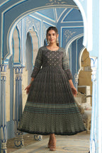 Juniper Bottle Green Muslin Festive Printed Flared Dress For Women - Distacart