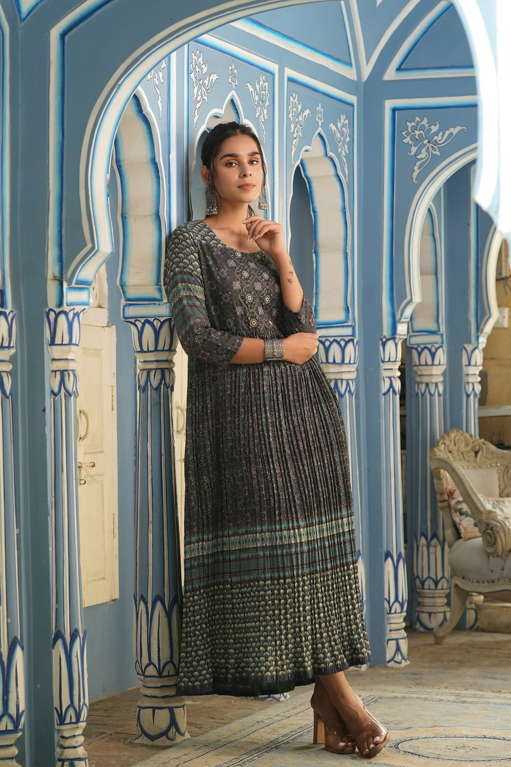 Juniper Bottle Green Muslin Festive Printed Flared Dress For Women - Distacart