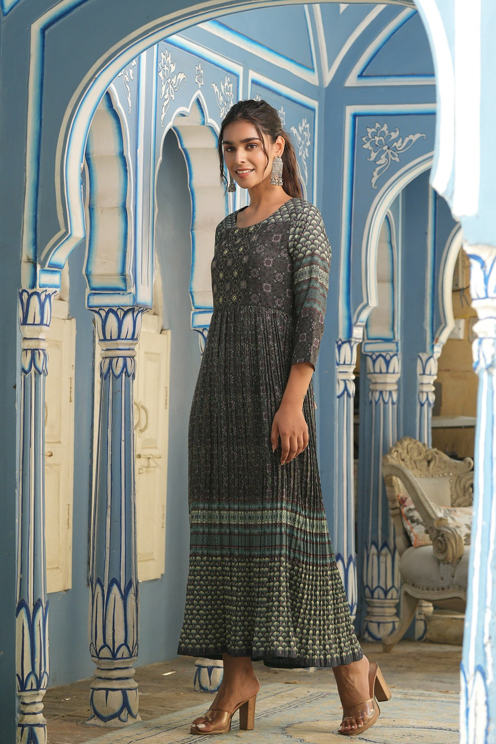 Juniper Bottle Green Muslin Festive Printed Flared Dress For Women - Distacart