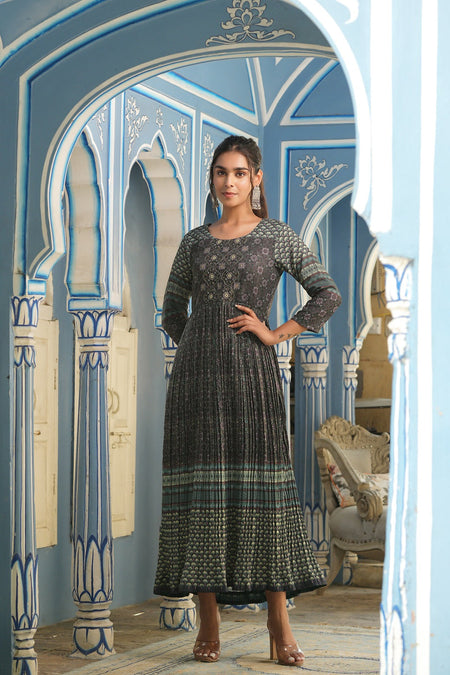Juniper Bottle Green Muslin Festive Printed Flared Dress For Women