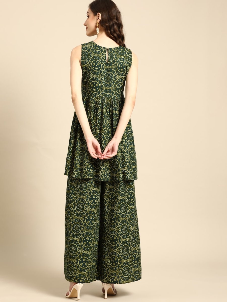 All About You Women Green Bandhani Printed Gathered Sequinned Kurti with Palazzos