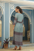 Juniper Sky Blue Muslin Festive Printed Flared Dress For Women - Distacart