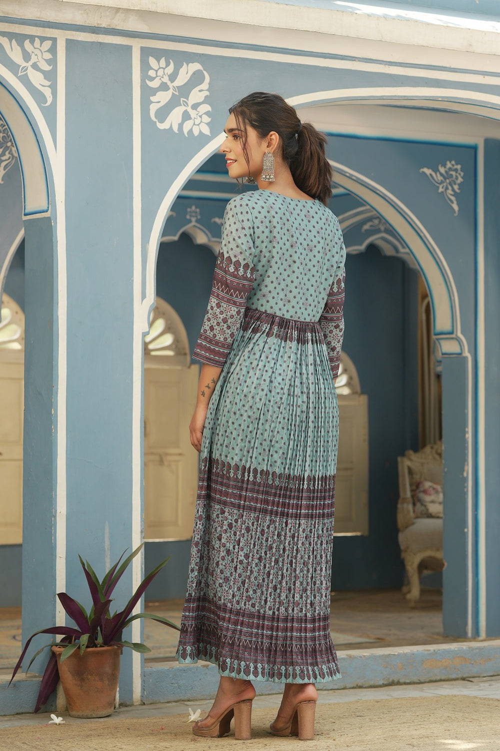Juniper Sky Blue Muslin Festive Printed Flared Dress For Women - Distacart