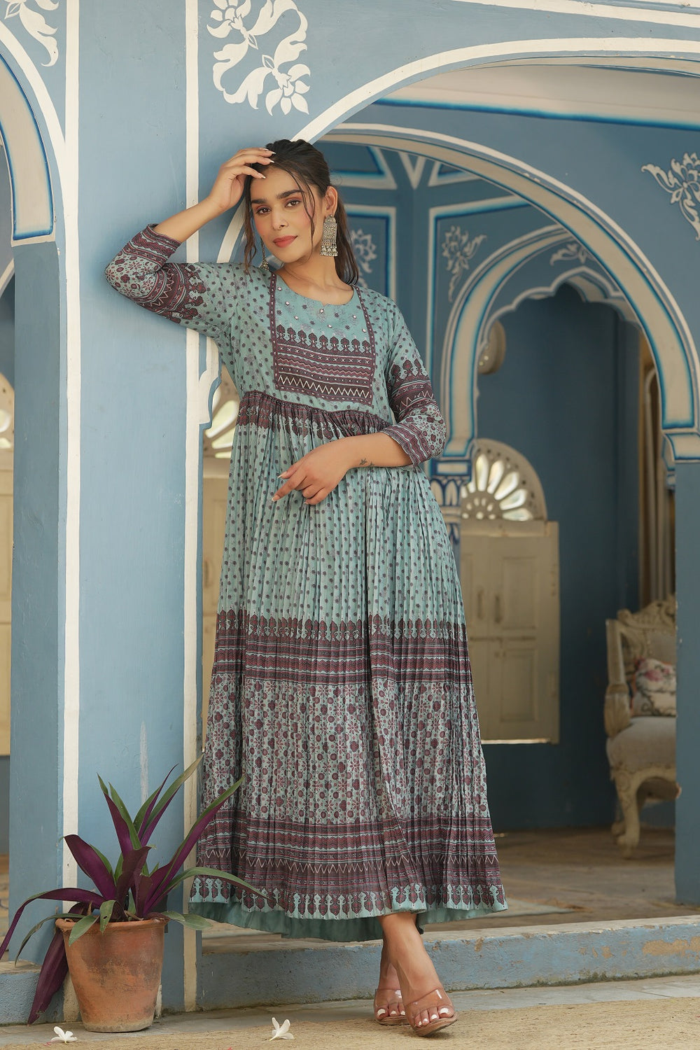 Juniper Sky Blue Muslin Festive Printed Flared Dress For Women - Distacart