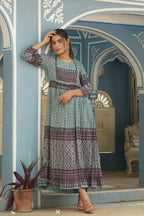 Juniper Sky Blue Muslin Festive Printed Flared Dress For Women - Distacart