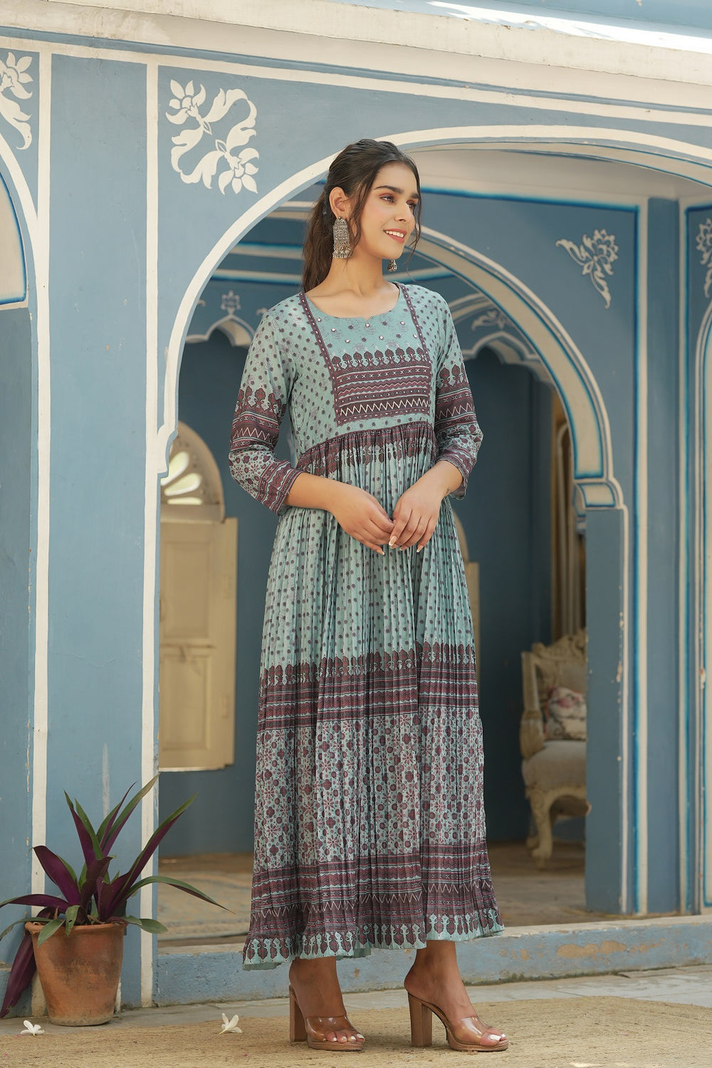Juniper Sky Blue Muslin Festive Printed Flared Dress For Women - Distacart