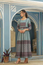 Juniper Sky Blue Muslin Festive Printed Flared Dress For Women - Distacart