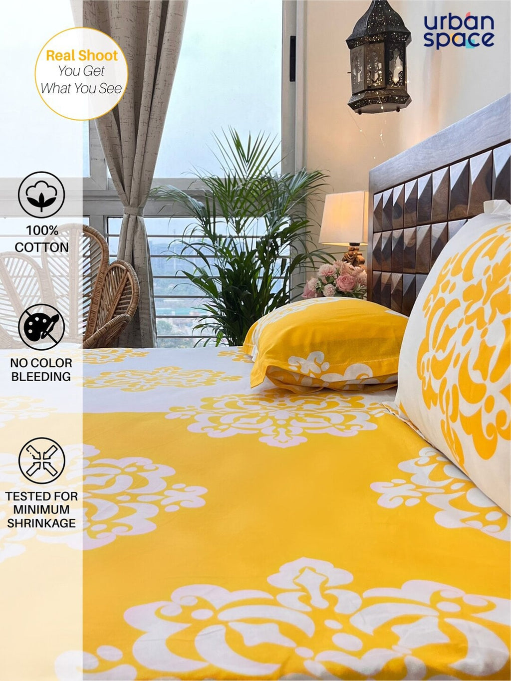 URBAN SPACE Divine White Ethnic Motifs 144 TC Cotton Queen Bedsheet & 2 Pillow Covers