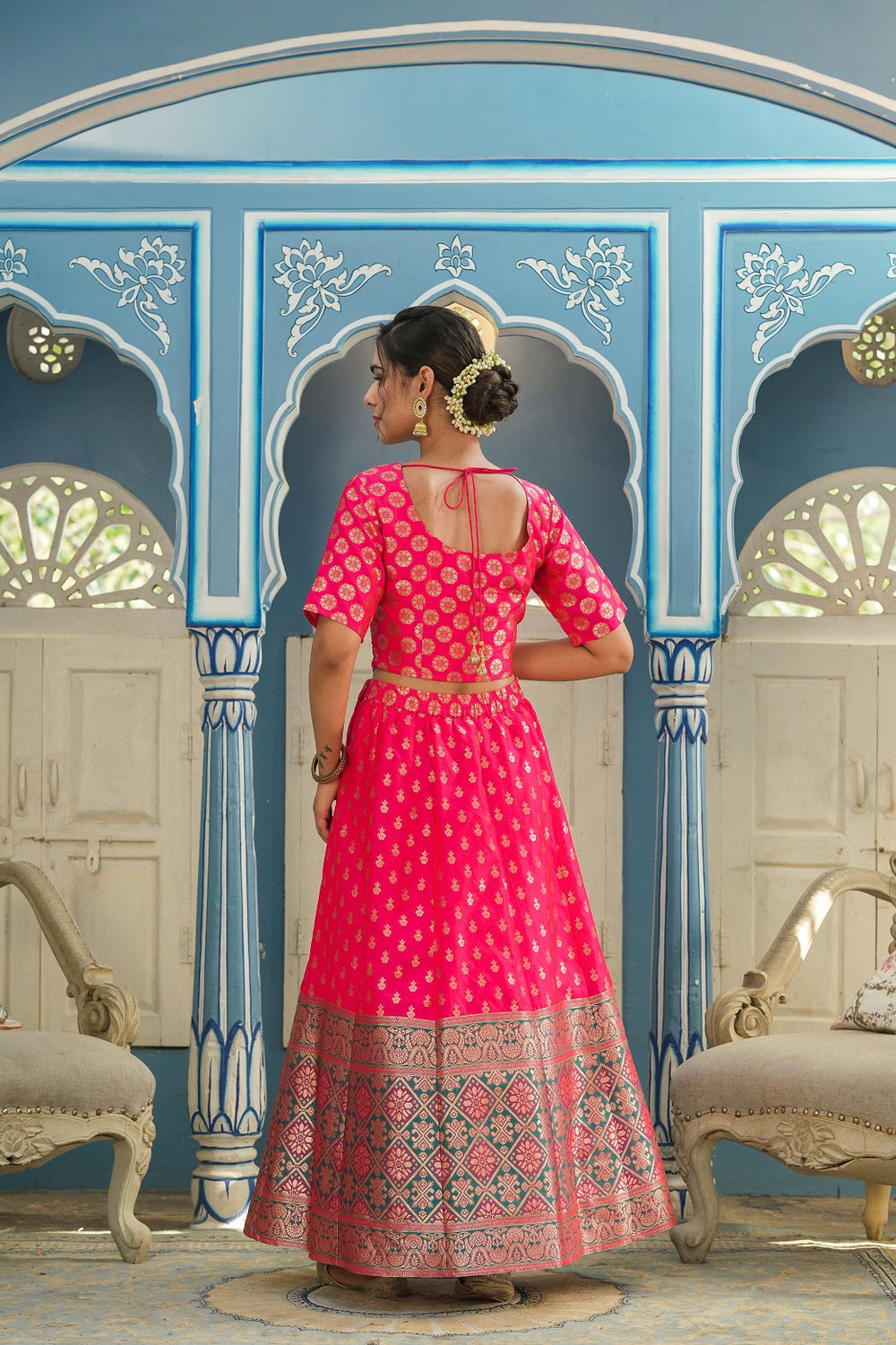 Juniper Women's Fuschia Printed Brocade Festive Wear Lehenga Choli Sets - Distacart