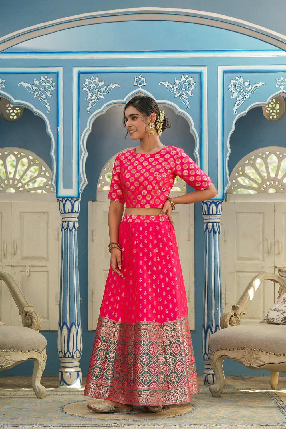 Juniper Women's Fuschia Printed Brocade Festive Wear Lehenga Choli Sets - Distacart