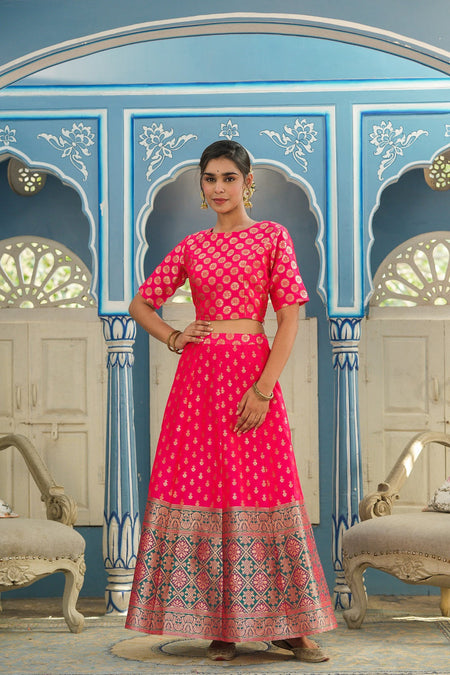 Juniper Women's Fuschia Printed Brocade Festive Wear Lehenga Choli Sets