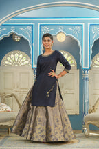 Juniper Women's Blue Solid Kurta Printed Brocade Skirt Festive Wear Lehenga Choli Sets - Distacart