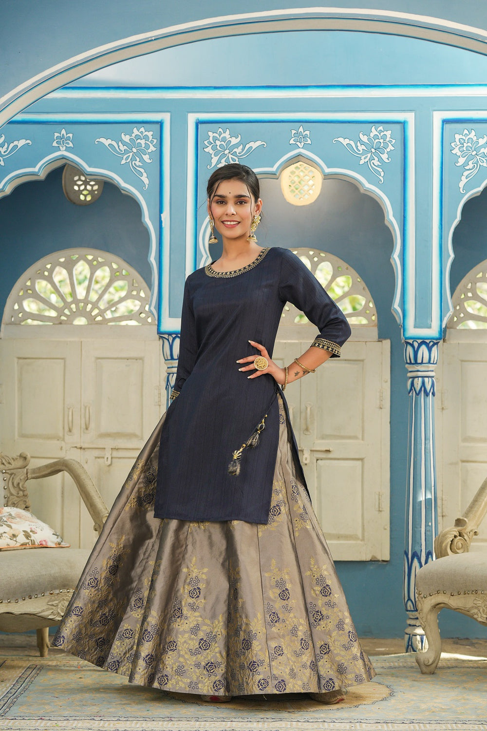 Juniper Women's Blue Solid Kurta Printed Brocade Skirt Festive Wear Lehenga Choli Sets - Distacart
