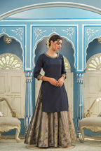 Juniper Women's Blue Solid Kurta Printed Brocade Skirt Festive Wear Lehenga Choli Sets - Distacart