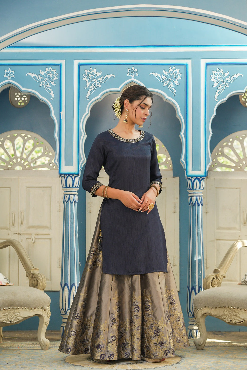 Juniper Women's Blue Solid Kurta Printed Brocade Skirt Festive Wear Lehenga Choli Sets - Distacart