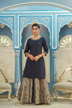 Juniper Women's Blue Solid Kurta Printed Brocade Skirt Festive Wear Lehenga Choli Sets - Distacart
