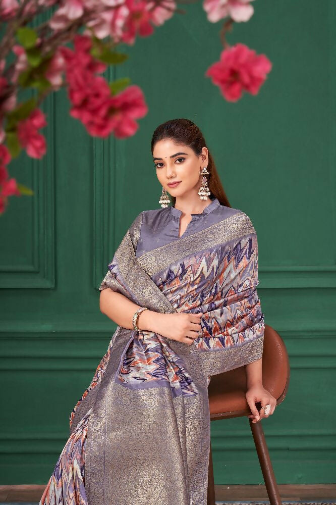 Purple Tussar Silk Jacquard Abstract Digital Print Saree with Unstitched Blouse - Mohira