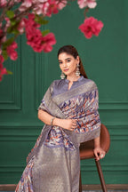 Purple Tussar Silk Jacquard Abstract Digital Print Saree with Unstitched Blouse - Mohira