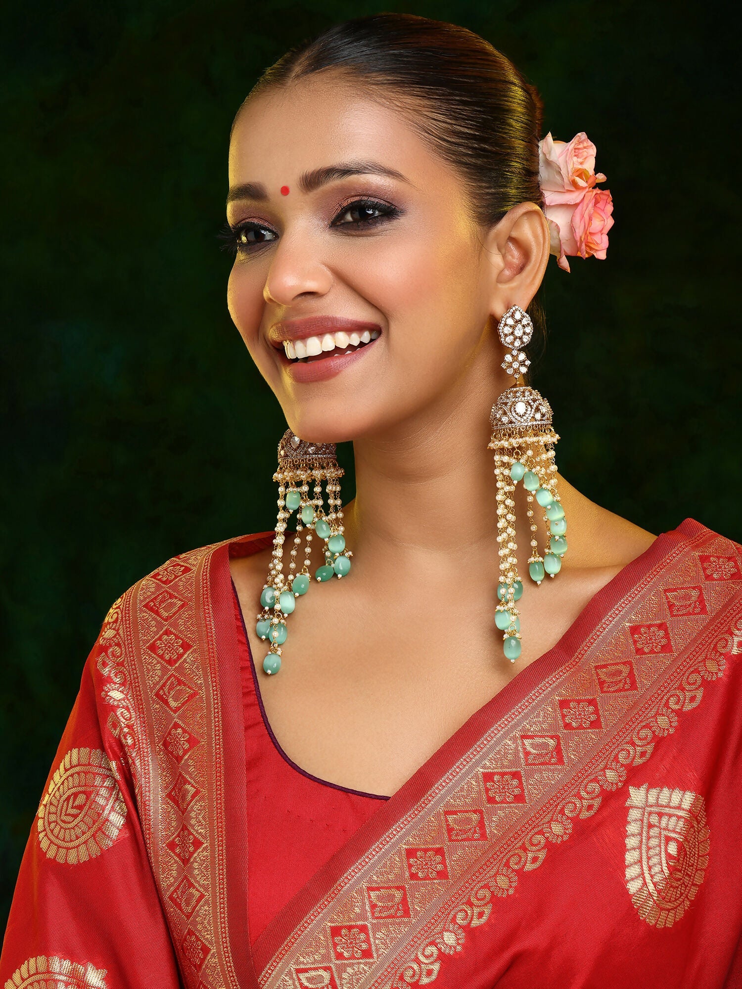 Ruby Raang 22k Gold Polished Diamond And Stone Jhumka Earrings - Distacart