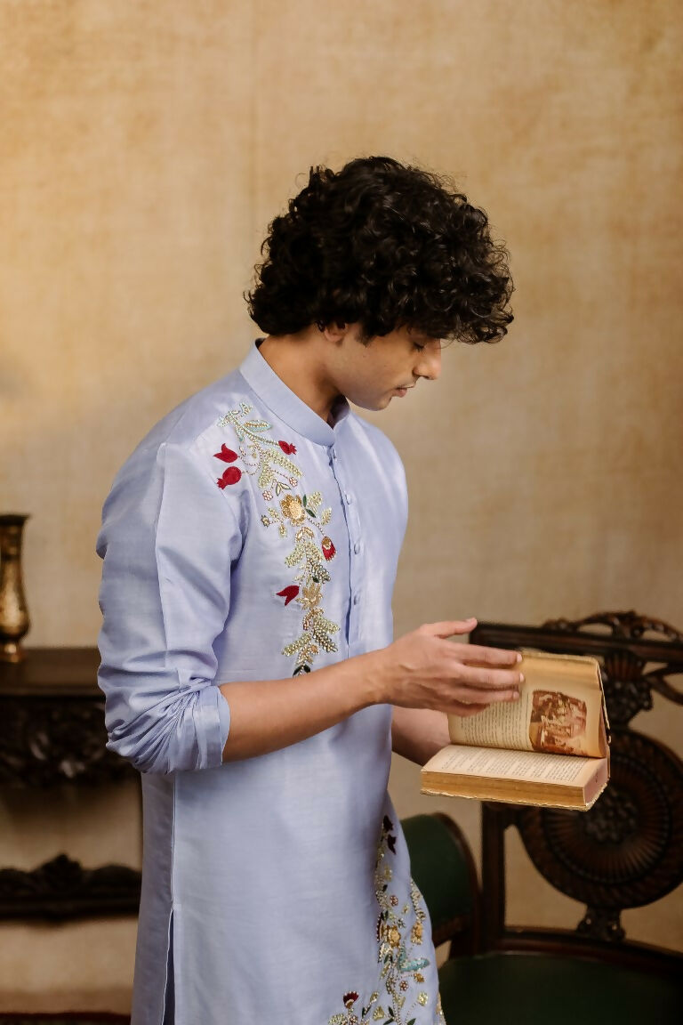 Falling Raw Silk Power Blue Botanical Bloom Kurta Set By Hilo Design