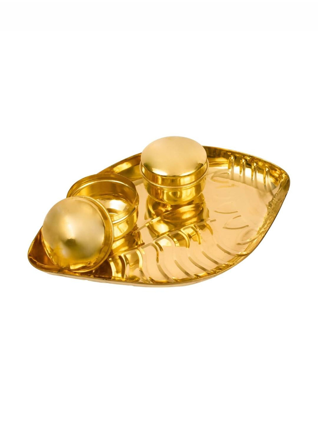 Spillbox Gold-toned Textured Brass Sangu Thali With 2 Pieces Bowl Pooja Essential