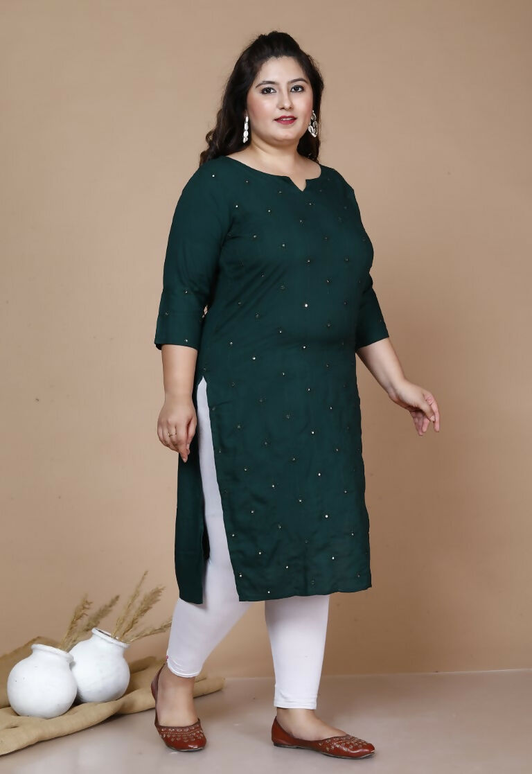 Miravan Women's Plus Size Green Embroidered Straight Kurti