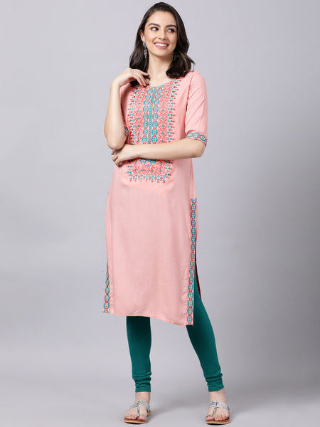 Souchii Women Peach-Coloured & Blue Ethnic Motifs Yoke Design Thread Work Pastels Kurta