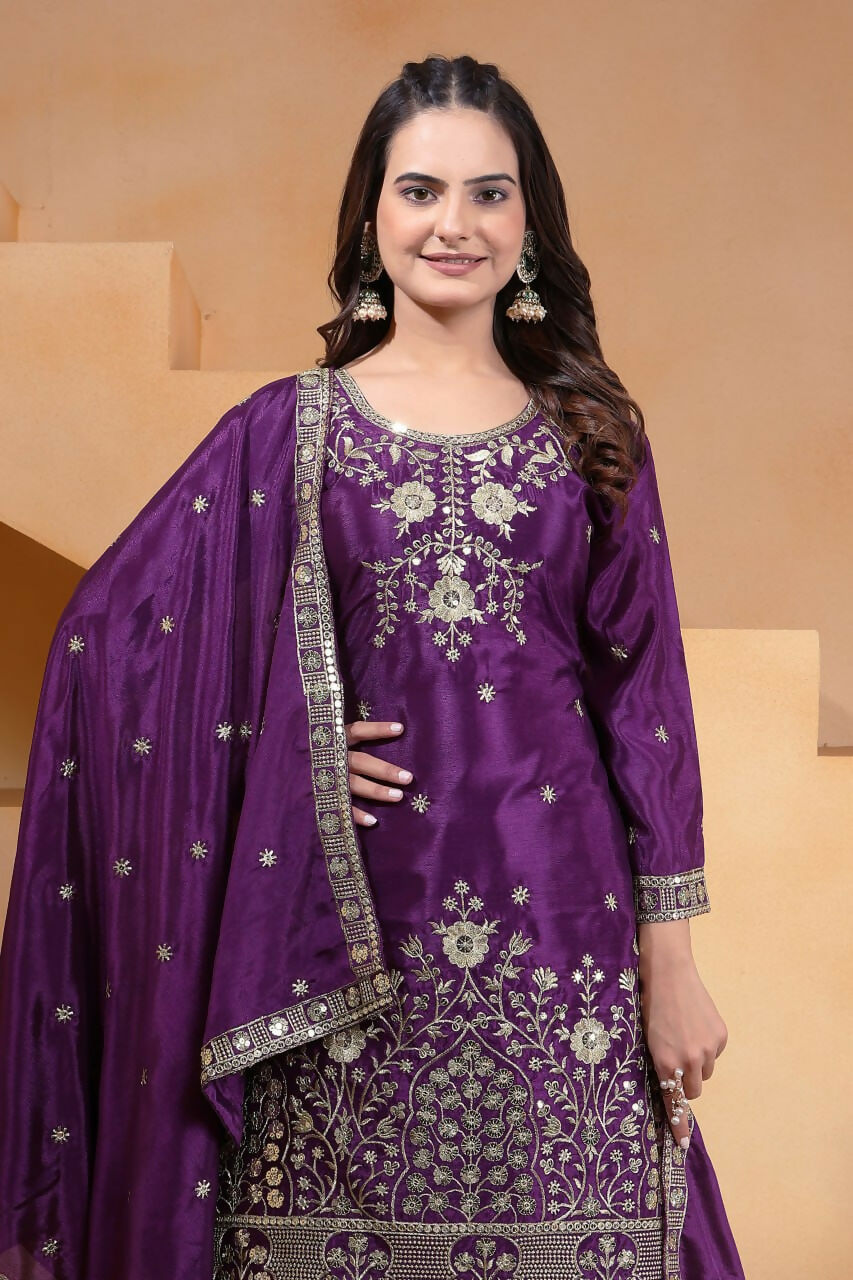 Teeya Creation Purple Chinon Embroidery Work Party Wear Palazzo Suit - Distacart