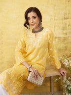 ADA Women Yellow & White Chikankari Embroidered Straight Sustainable Handloom Kurta