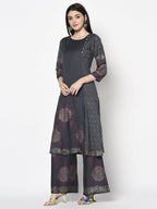 Aniyah Rayon Dark Grey Color Block Print Straight Kurta Palazzo Set (AN-202K)