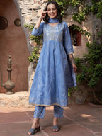 Sangria Blue Printed & Embroidered Pure Cotton A-Line Kurta With Trouser & Dupatta