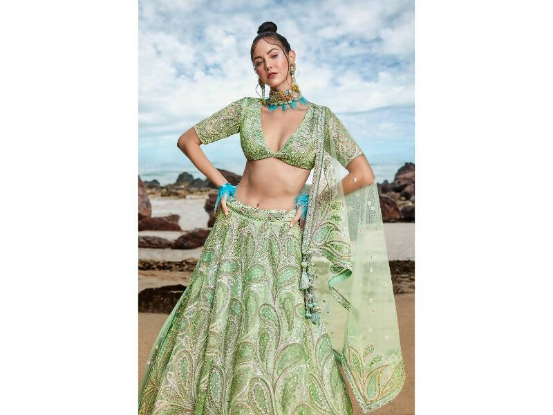 House of Panchhi Lime green Net Multi Sequins with heavy Zarkan embroidery Lehenga choli & Dupatta