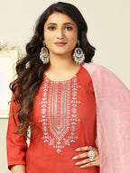 Vamika Chinon Embroidery Orange Party Wear/Casual Wear/Office Wear Kurta Set/Suit