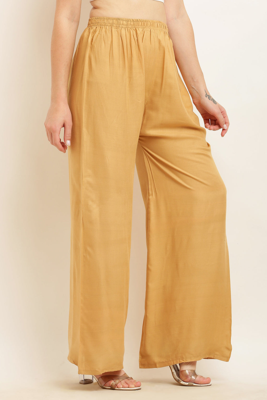 PAVONINE Beige Color Straight Fit Rayon Fabric Palazzo - Distacart