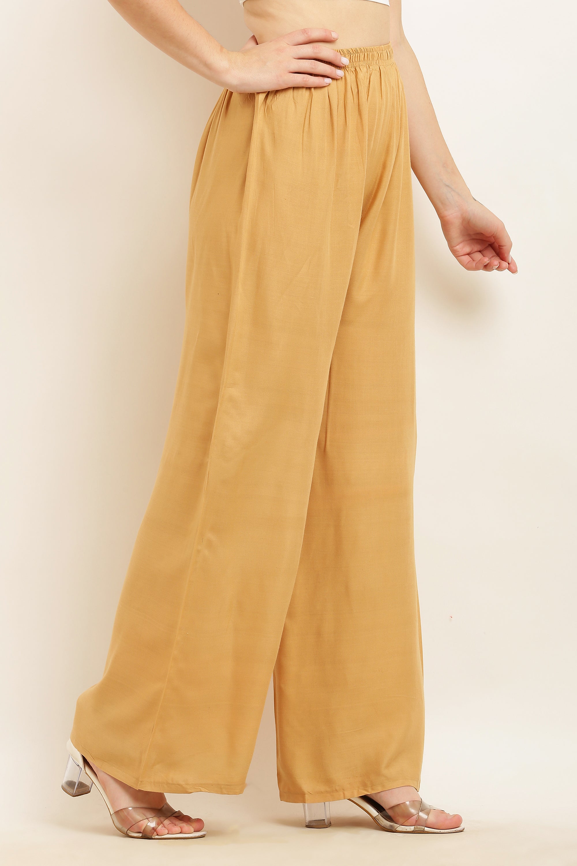 PAVONINE Beige Color Straight Fit Rayon Fabric Palazzo - Distacart