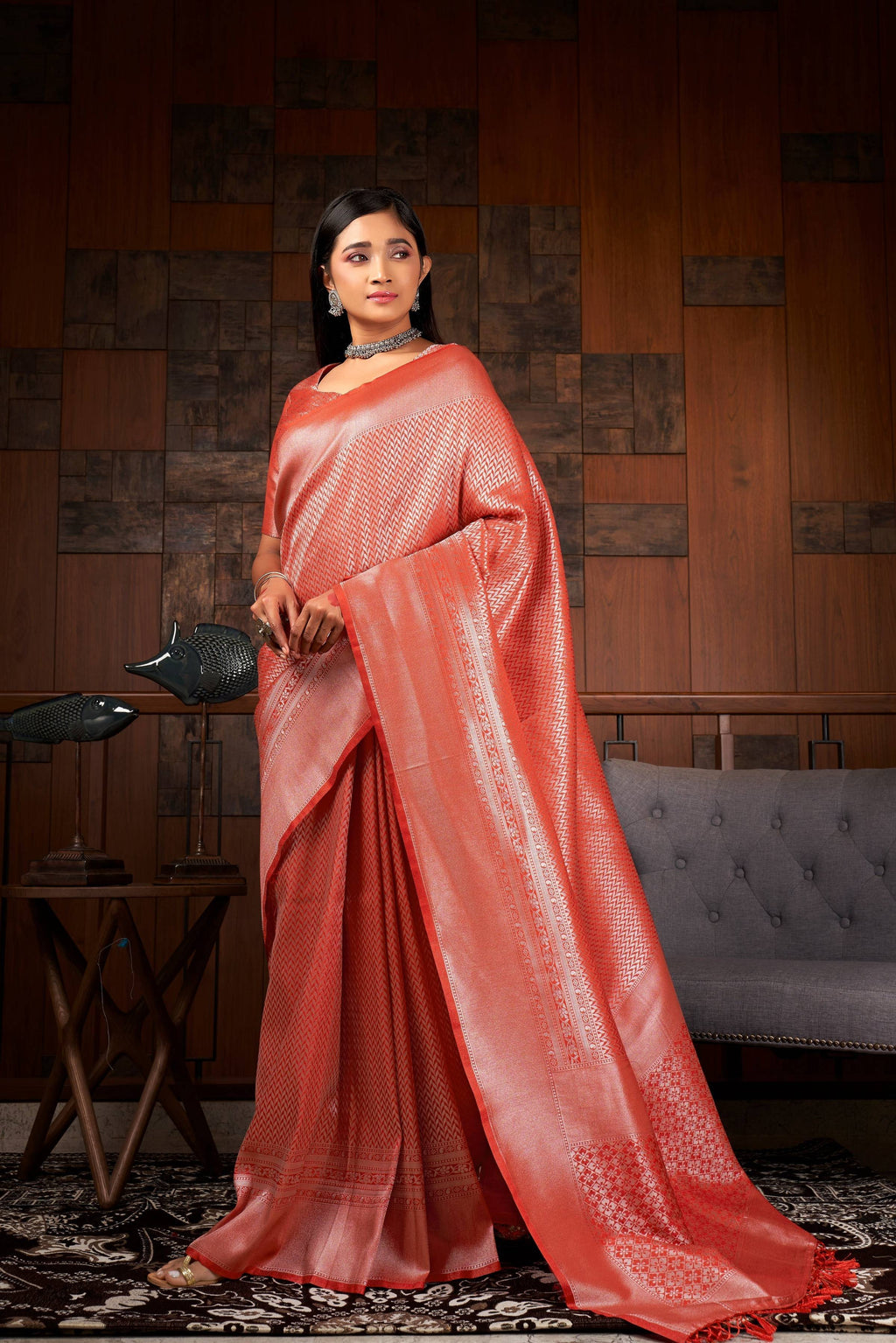 Vardha Crimson Red Silver Zari Kanjeevaram Silk Saree