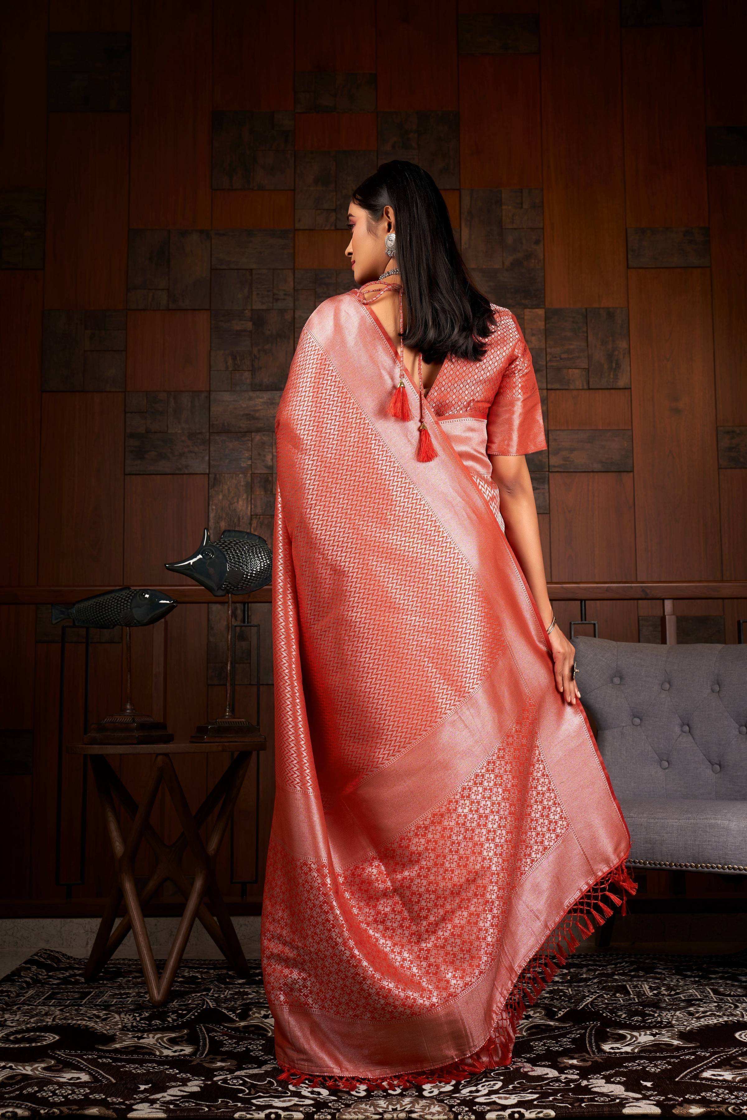 Vardha Crimson Red Silver Zari Kanjeevaram Silk Saree