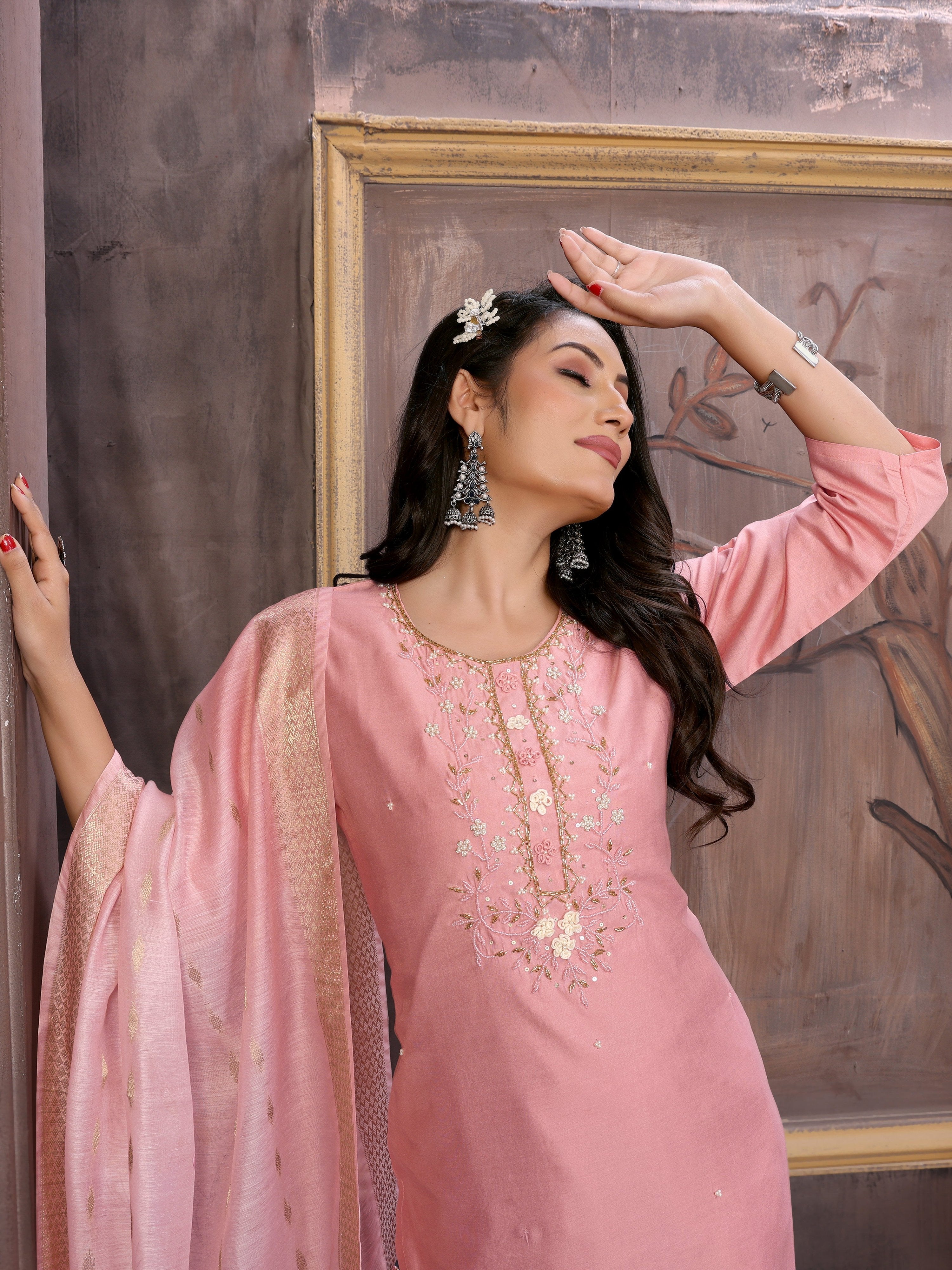 Vedant Vastram Kurta Pant set with Dupatta having Beautiful Hand work (Khatli Work) - Peach - Distacart