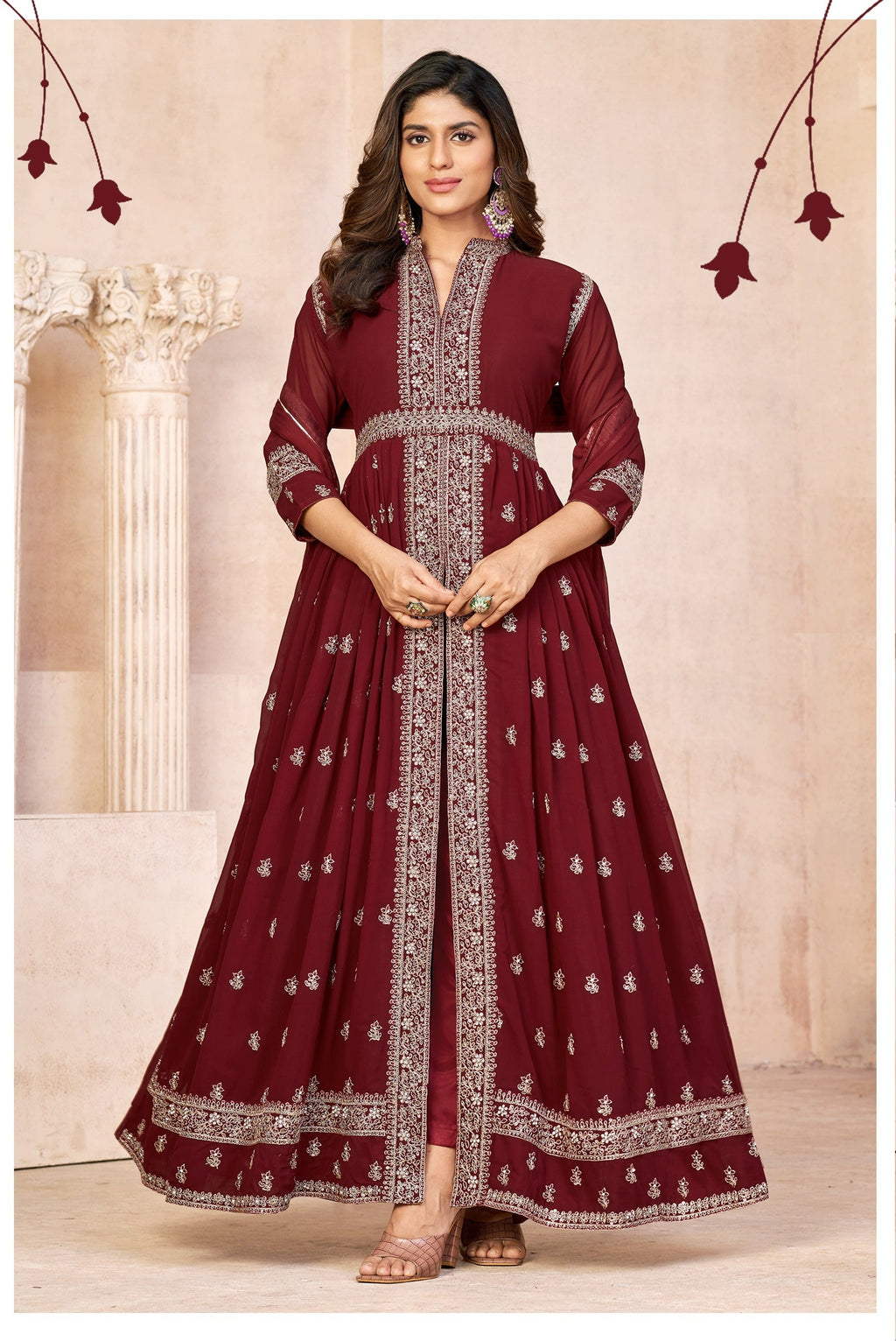 Anaita Maroon Embroidered Faux Georgette Anarkali Suit - Distacart