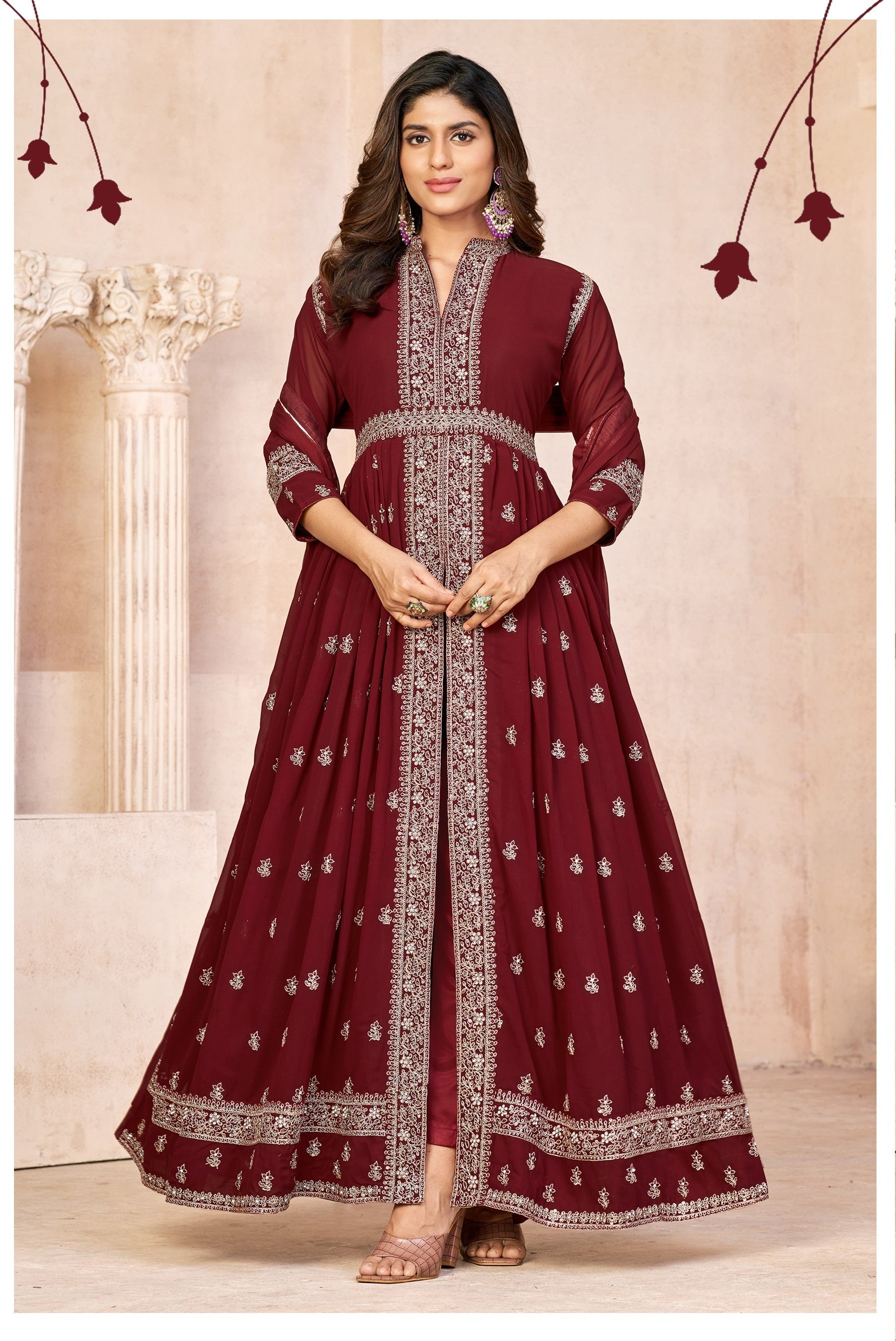 Anaita Maroon Embroidered Faux Georgette Anarkali Suit - Distacart