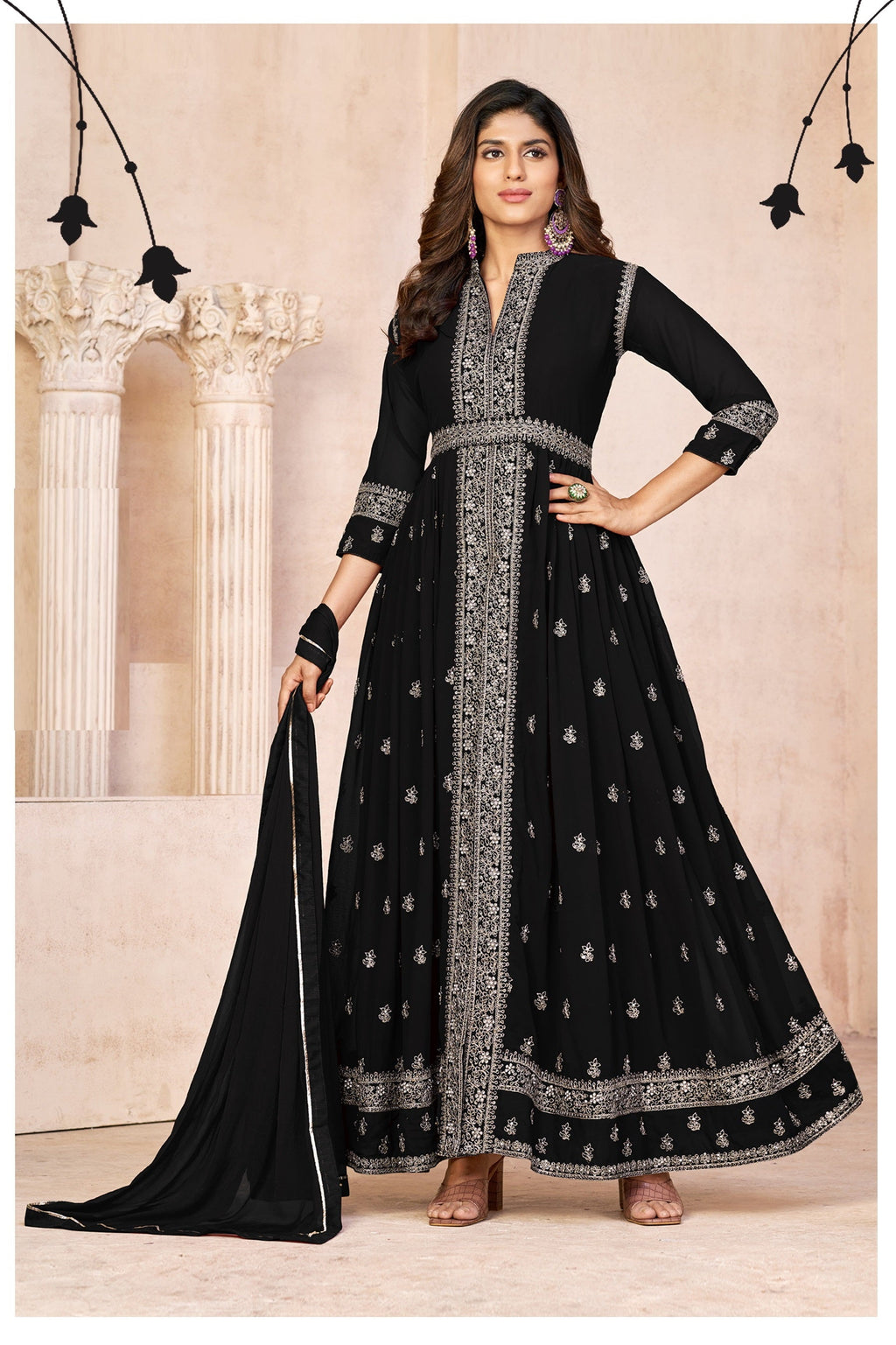 Anaita Black Embroidered Faux Georgette Anarkali Suit - Distacart
