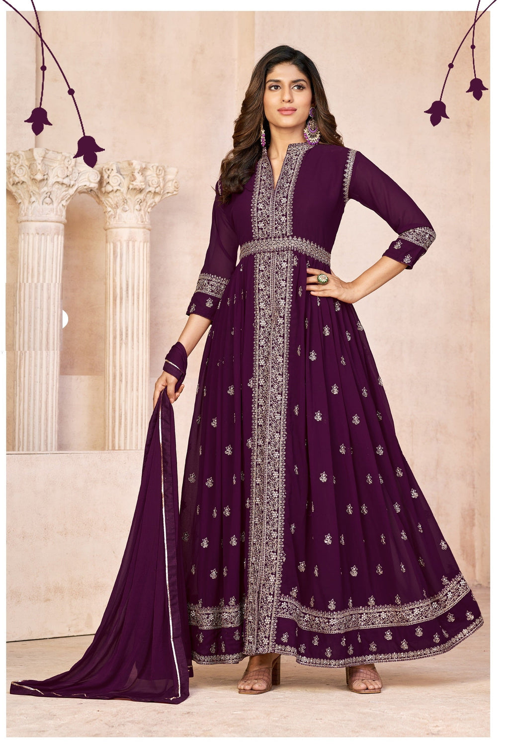 Anaita Wine Embroidered Faux Georgette Anarkali Suit - Distacart