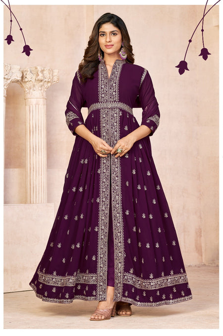 Anaita Wine Embroidered Faux Georgette Anarkali Suit